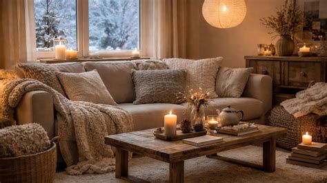 Hygge interiér s dekami, vankúšmi a sviečkami
