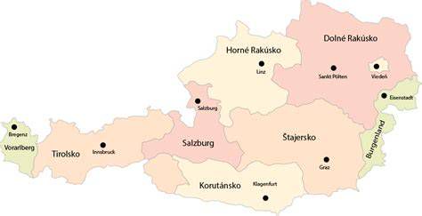 Mapa Rakúska s vyznačenými regiónmi s ponukami práce pre inštalatérov