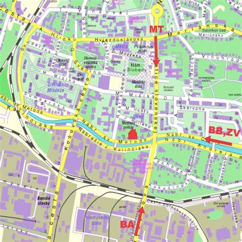 Mapa Prievidze s vyznačenými oblasťami rekonštrukcií ciest a chodníkov
