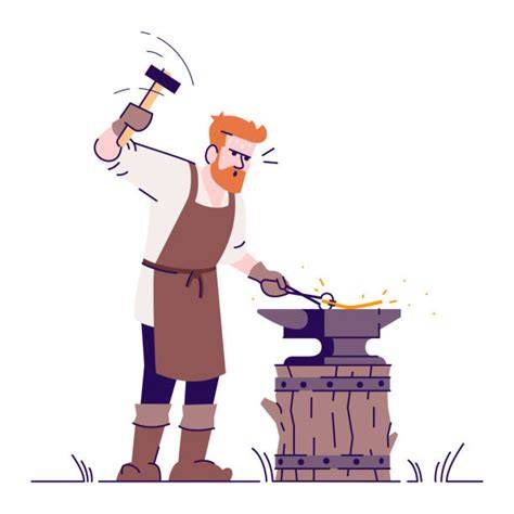 Ilustrace středověkého výrobce hřebíků s kladivem a kovadlinou