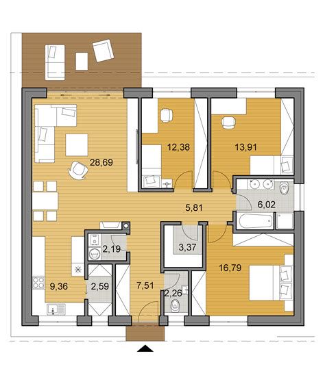 Pôdorys bungalovu 135 s vyznačenými zónami
