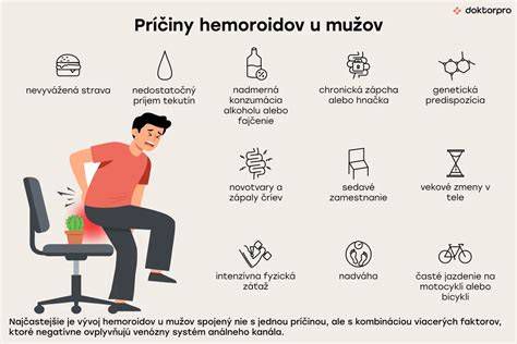 Vizualizácia príčin hemoroidov (nedostatok vlákniny, sedavý životný štýl, tehotenstvo)