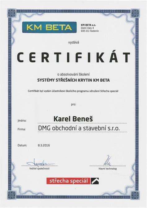 Certifikáty odolnosti a záruční doby KM Beta