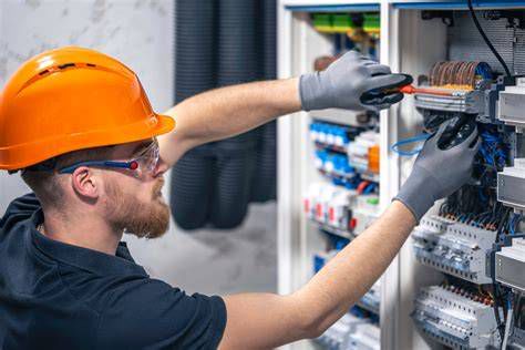 Inspektor elektryk wykonujący pomiary w obiekcie przemysłowym