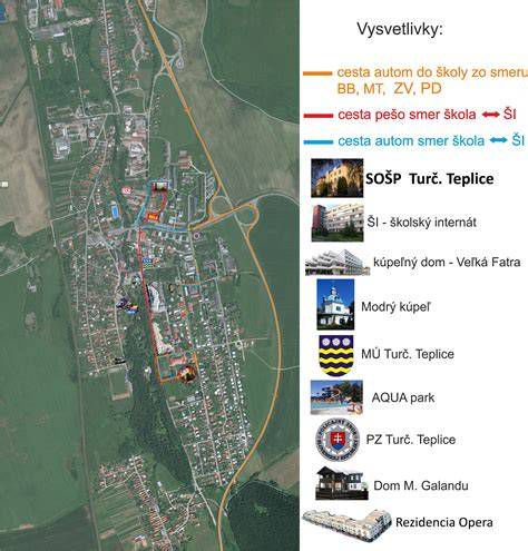 Mapa Turčianskych Teplíc s vyznačenými servisnými oblasťami